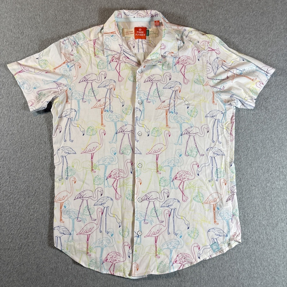 Free Planet Short Sleeve Button Up‎ Pelican All Over Print White Shirt Men's M